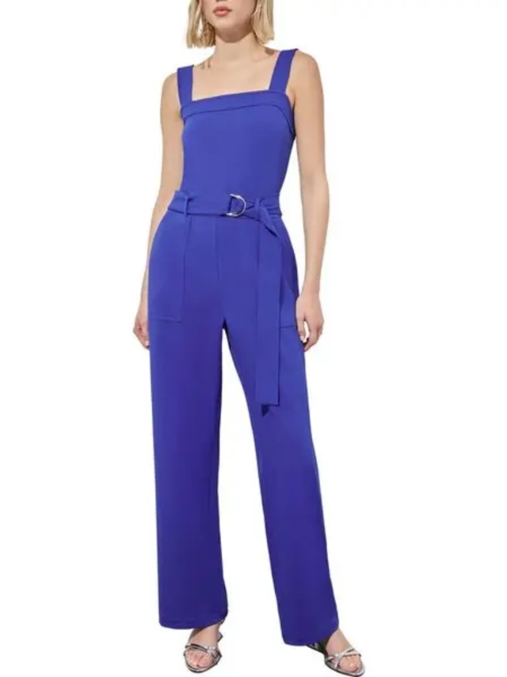NWT Ming Wang Belted Crepe Jumpsuit in Sapphire Sea Blue Size Small